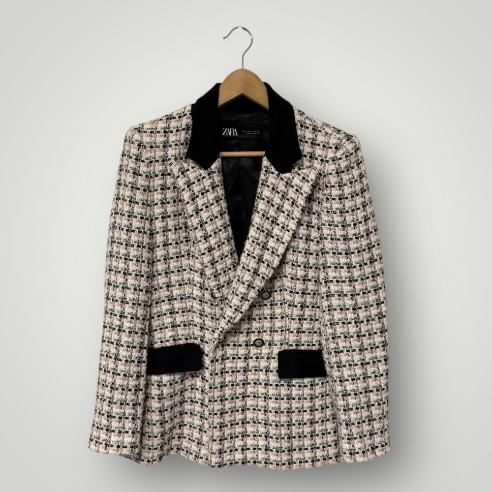 Zara Black & Cream Tweed Double-Breasted Blazer